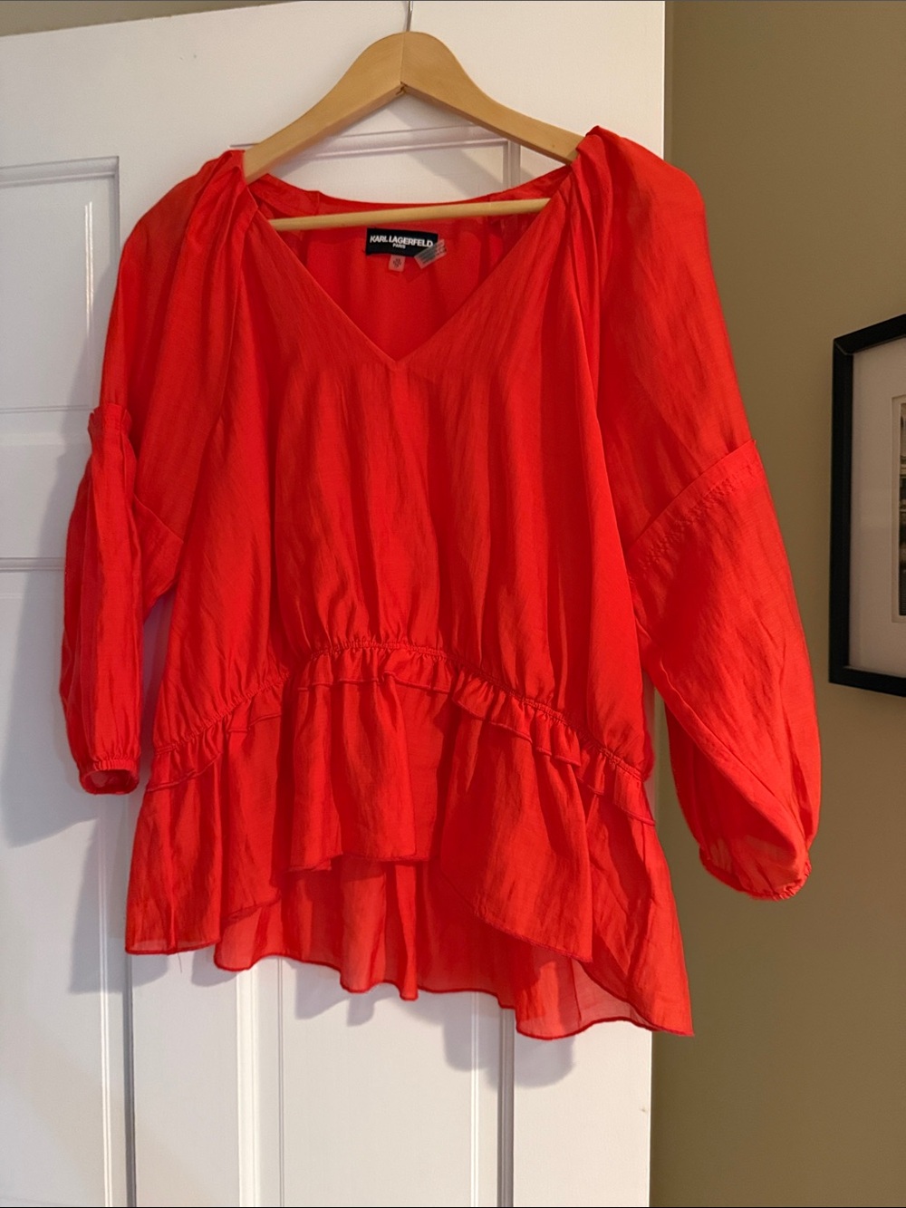 Karl Lagerfeld Bright Red V-Neck Ruffle Peasant Blouse